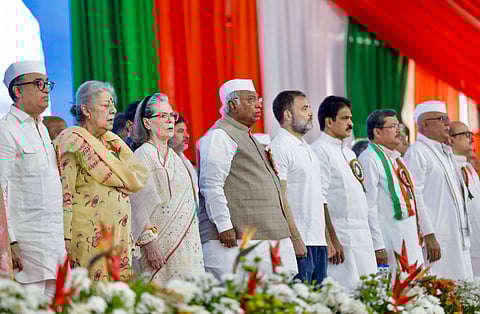 Congress President Mallikarjun Kharge and Congress Parliamentary Party Chairperson Sonia Gandhi with other leaders attend the AICC session on the banks of the Sabarmati River, in Ahmedabad on April 9, 2025.
