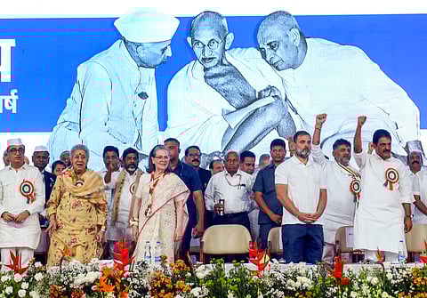 Congress Parliamentary Party Chairperson Sonia Gandhi, LoP in Lok Sabha Rahul Gandhi and other leaders during the All India Congress Committee (AICC) session at the Sabarmati Riverfront Event Centre, in Ahmedabad, Wednesday, April 9, 2025.