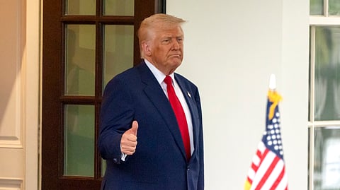 President Donald Trump gives a thumbs-up as Israel's Prime Minister Benjamin Netanyahu leaves the West Wing of the White House, Monday, April 7, 2025, in Washington.
