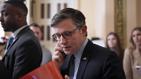 Speaker of the House Mike Johnson, R-La., leaves the chamber after an essential procedural vote passed in the House to advance President Donald Trump's top domestic priorities on spending reductions and tax breaks, at the Capitol in Washington, Wednesday, April 9, 2025