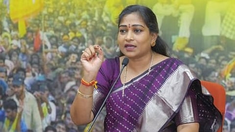 Andhra Pradesh Home Minister Vangalapudi Anitha addressing a press conference in Visakhapatnam on Wednesday. Express