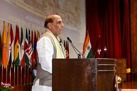 In this image released by @HQ_IDS_India via X on April 10, 2025, Defence Minister Rajnath Singh addresses a gathering during convocation ceremony of 80th Staff Course at Defence Services Staff College, at Wellington in Nilgiris district of Tamil Nadu.