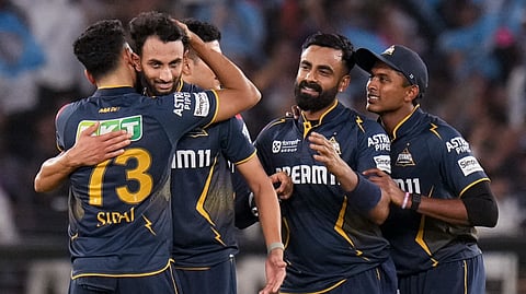 Ahmedabad: Gujarat Titans' Prasidh Krishna celebrates with teammates after taking the wicket of Rajasthan RoyalsÂ’ Shimron Hetmyer during an Indian Premier League (IPL) 2025 T20 cricket match between Gujarat Titans and Rajasthan Royals, at the Narendra Modi Stadium, in Ahmedabad, Wednesday, April 9, 2025.