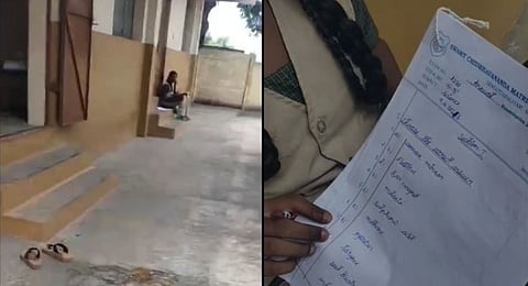 Visuals from the viral video show the student seated outside the classroom, forced to write the exam without a table or chair.