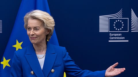 European Commission President Ursula von der Leyen speaks to the media ahead of a meeting at the EU headquarters in Brussels, Wednesday, April 9, 2025.