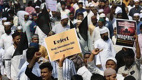 Protesters gather in large numbers to voice their opposition against the Waqf Amendment Bill.
