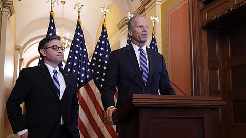 US Speaker of the House Mike Johnson, R-La., left, and Senate Majority Leader John Thune, R-S.D., make statements to reporters ahead of the vote in the House to pass a bill on President Donald Trump's top domestic priorities of spending reductions and tax breaks at the Capitol in Washington, Thursday, April 10, 2025.