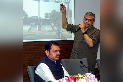 Railways Minister Ashwini Vaishnaw with Maharashtra Chief Minister Devendra Fadnavis during a press conference regarding the state's railway projects, in Mumbai, Friday, April 11, 2025.