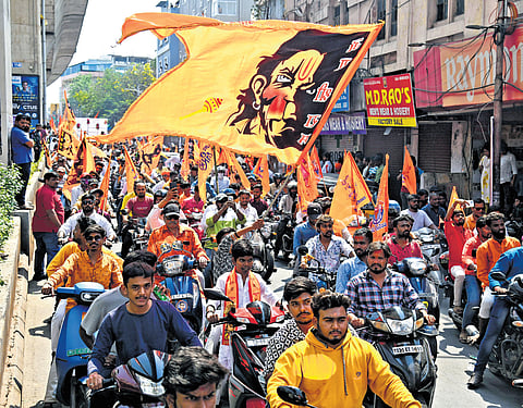 A large number of bikers turn up for the Sri Veera Hanuman Vijaya Yatra in Hyderabad on Saturday.