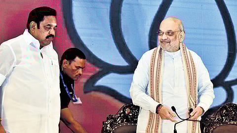 Union Home Minister Amit Shah with AIADMK general secretary Edappadi K Palaniswami at a press meet held in Chennai on Friday