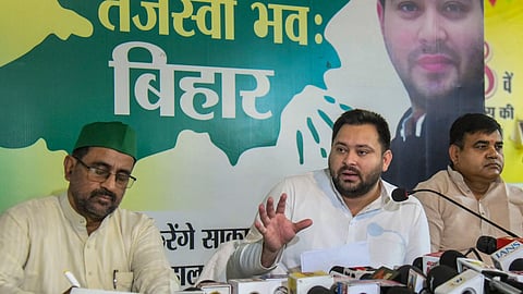Tejashwi Yadav addresses a press conference at the party office, in Patna, Saturday, April 12, 2025.