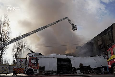 An image of what appears to be a destroyed warehouse, allegedly belonging to Indian pharma company Kusum n Kyiv