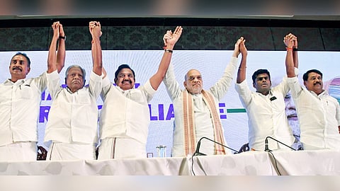 FILE | Union Home Minister Amit Shah announces alliance with AIADMK General Secretary EPS for the upcoming general elections for assembly at at press meet held in Chennai (From Right) The incoming TN BJP President Nainar Nagendran, outgoing President K Annamalai, Deputy General secretary KP Munusamy and SP Velumani are also seen.