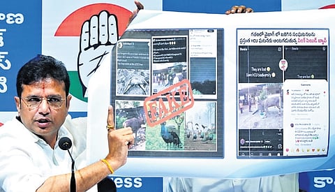 IT Minister D Sridhar Babu addresses the media at Gandhi Bhavan in Hyderabad on Saturday