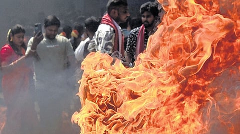 Camphor lit as part of rituals before the Karaga procession at Dharmaraya Swamy Temple in Thigalarpet, in Old Bengaluru on Saturday.