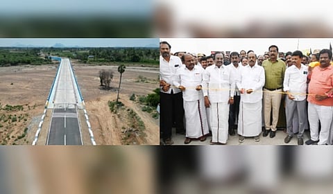 Minister EV Velu inaugurating the bridge across the Seyyar River