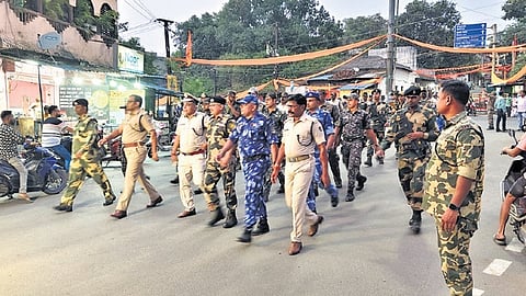 IG-NR and SP participate in Flag March ahead of Hanuman Jayanti.