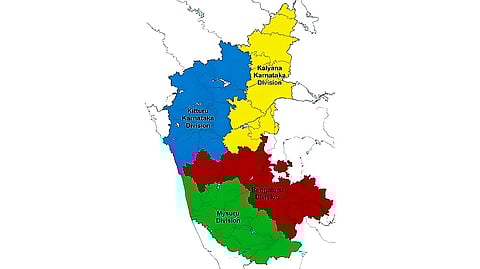 Karnataka is divided into four regions, namely: Kalyana Karnataka, Kitturu Karnataka, Bengaluru division, Mysuru division.