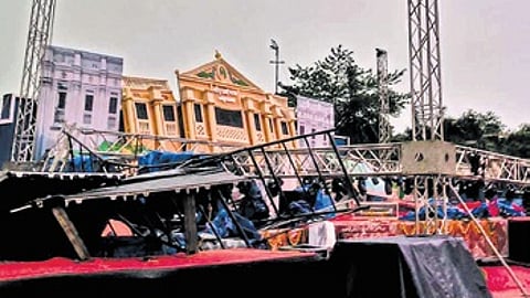 The entrance of Pallishree mela damaged by the thunderstorm.
