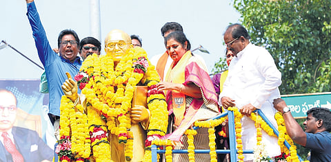 BJP AP chief D Purandeswari garlanding BR Ambedkar’s statue on Monday.