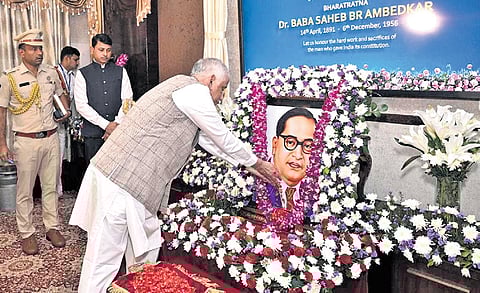 Governor S Abdul Nazeer pays floral tributes to Dr BR Ambedkar’s statue on Monday.
