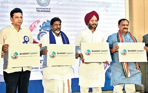 Ministers Mallu Bhatti Vikramarka and Sridhar Babu and TPCC president Mahesh Kumar Goud release the Bharat Summit 2025 in Hyderabad