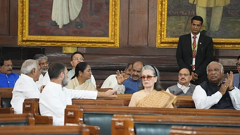 Lok Sabha Speaker Om Birla with Union Minister JP Nadda, Congress President Mallikarjun Kharge, LoP in the Lok Sabha and Congress leader Rahul Gandhi, party leader Sonia Gandhi, and Delhi Chief Minister Rekha Gupta during a ceremony to pay tribute to BR Ambedkar on his birth anniversary, at the Central Hall of Samvidhan Sadan in New Delhi, Monday, April 14, 2025.