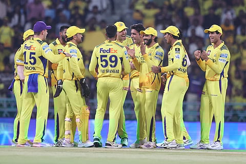 Chennai Super Kings' players celebrate the dismissal of Lucknow Super Giants' Nicholas Pooran during the Indian Premier League cricket match between Lucknow Super Giants and Chennai Super Kings at Atal Bihari Vajpayee Ekana Cricket Stadium in Lucknow, India, Monday, April 14, 2025.