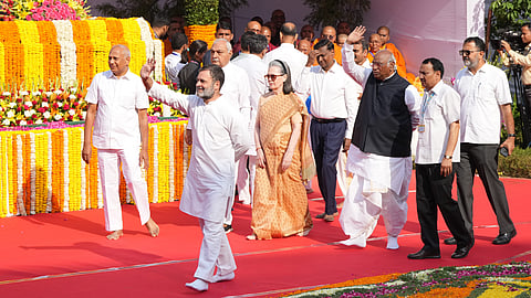 Congress President Mallikarjun Kharge with LoP in the Lok Sabha and party leader Rahul Gandhi, party leader Sonia Gandhi, and others during a ceremony to pay tribute to BR Ambedkar on his birth anniversary, in New Delhi, Monday, April 14, 2025.