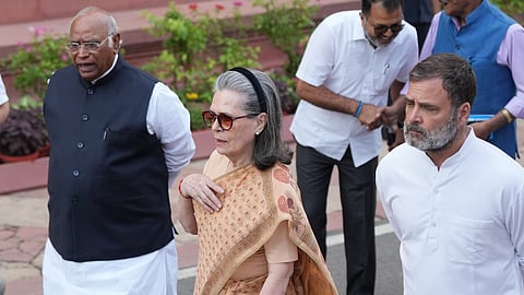Congress President Mallikarjun Kharge with LoP in the Lok Sabha and party leader Rahul Gandhi, and party leader Sonia Gandhi during a ceremony to pay tribute to BR Ambedkar on his birth anniversary, in New Delhi, Monday, April 14, 2025.
