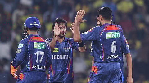Ravi Bishnoi celebrates the dismissal of Chennai Super Kings' Rahul Tripathi during the IPL cricket match between Lucknow Super Giants and Chennai Super Kings at Atal Bihari Vajpayee Ekana Cricket Stadium in Lucknow, India, Monday, April 14, 2025.