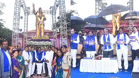 Home Minister Dr G Parameshwara at the unveiling of Dr BR Ambedkar statue in Tumakuru on Monday.