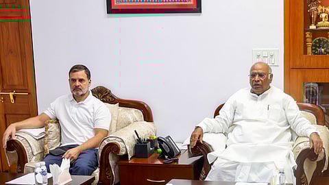 Congress President Mallikarjun Kharge with LoP in the Lok Sabha and party leader Rahul Gandhi in New Delhi.