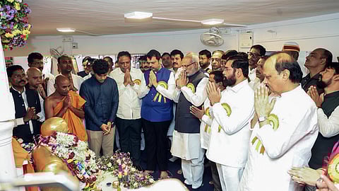 Maharashtra Governor CP Radhakrishnan, CM Devendra Fadnavis, Deputy CMs Eknath Shinde and Ajit Pawar, along with others, pay tribute to Dr. BR Ambedkar on the occasion of his 135th birth anniversary at Dadar's Chaityabhoomi in Mumbai on Monday, April 15, 2025.