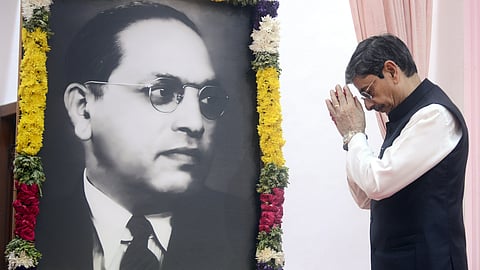 R N Ravi, Governor of Tamil Nadu, paying tribute to B R Ambbedkar on his birth anniversary at Raj Bhavan.