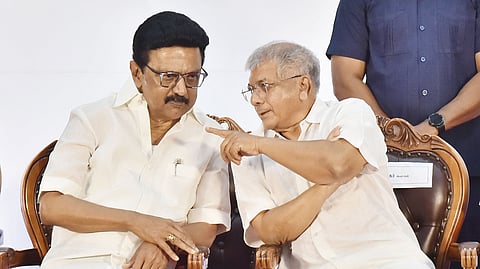 Chief Minister MK Stalin interacts with Prakash Ambedkar, the grandson of B R Ambedkar and founder of Bharipa Bahujan Mahasangh, at a function held to celebrate the birth anniversary of BR Ambedkar, on Monday in Chennai.