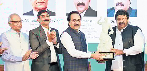 Former ISRO chairman S Somanath presents KMA Management Leadership Award to Dr N Jehangir in Kochi on Wednesday
