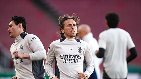 Real Madrid's Luka Modric during a training session at the Emirates Stadium, in London, Monday, April 7, 2025.