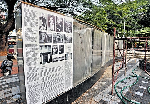 The exhibition panels installed at the Gandhi Park to display the legacy and life of Mahatma Gandhi at East Fort in Thiruvananthapuram