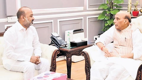 Union Minister of State for Home Affairs Bandi Sanjay Kumar with Defence Minister Rajnath Singh in New Delhi.