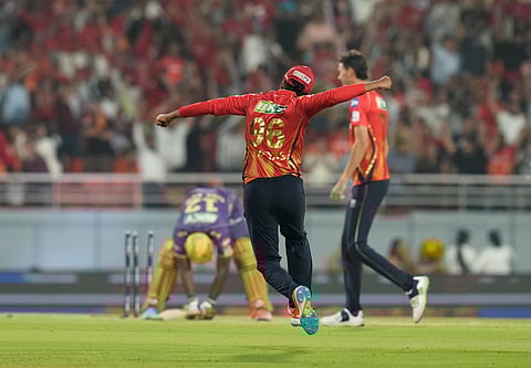 Punjab Kings players celebrate their win in IPL 2025 cricket match against Kolkata Knight Riders at Maharaja Yadavindra Singh International Cricket Stadium, in New Chandigarh, Tuesday, April 15, 2025.