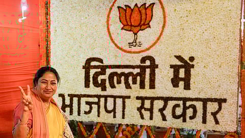 BJP leader Rekha Gupta arrives for the BJP legislature party meeting, at the party office, in New Delhi, Wednesday, Feb. 19, 2025.