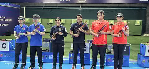 Suruchi Singh (3rd L) combined with Saurabh Chaudhary (3rd R) to capture gold medal in the 10m air pistol mixed team event