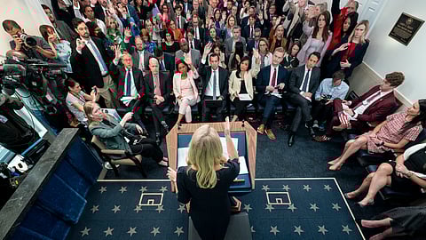White House press secretary Karoline Leavitt speaks with reporters in the James Brady Press Briefing Room at the White House, Tuesday, April 15, 2025, in Washington.