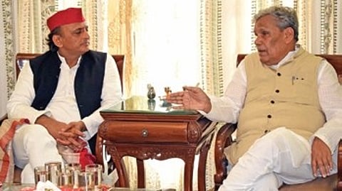 SP President Akhilesh Yadav ddressing a media conference here along with former Union minister and senior Congress leader Srikant Jena.