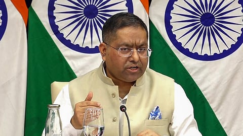 MEA spokesperson Randhir Jaiswal addresses a press briefing in New Delhi.
