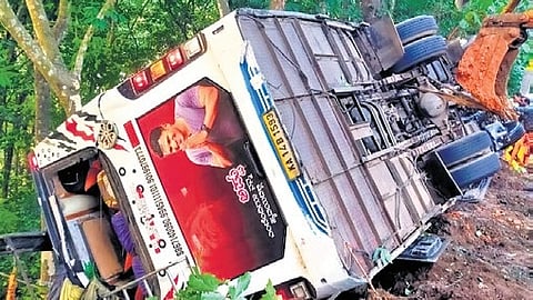 The bus that overturned at Kanamala near Erumeli on Wednesday