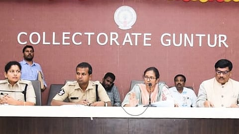 Guntur district collector S Nagalakshmi along with SP Satish Kumar addressing a meeting on the arrangements for PM Narendra Modis visit on May 2.
