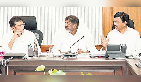 Ministers D Sridhar Babu, Mallu Bhatti Vikramarka and Ponguleti Srinivasa Reddy conduct a review meeting on IT Knowledge Hub in Hyderabad on Thursday.