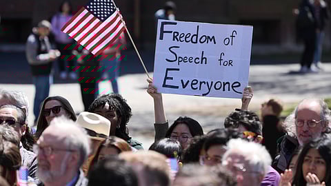 Students, faculty and members of the Harvard University community rally, Thursday, April 17, 2025, in Cambridge, Mass.